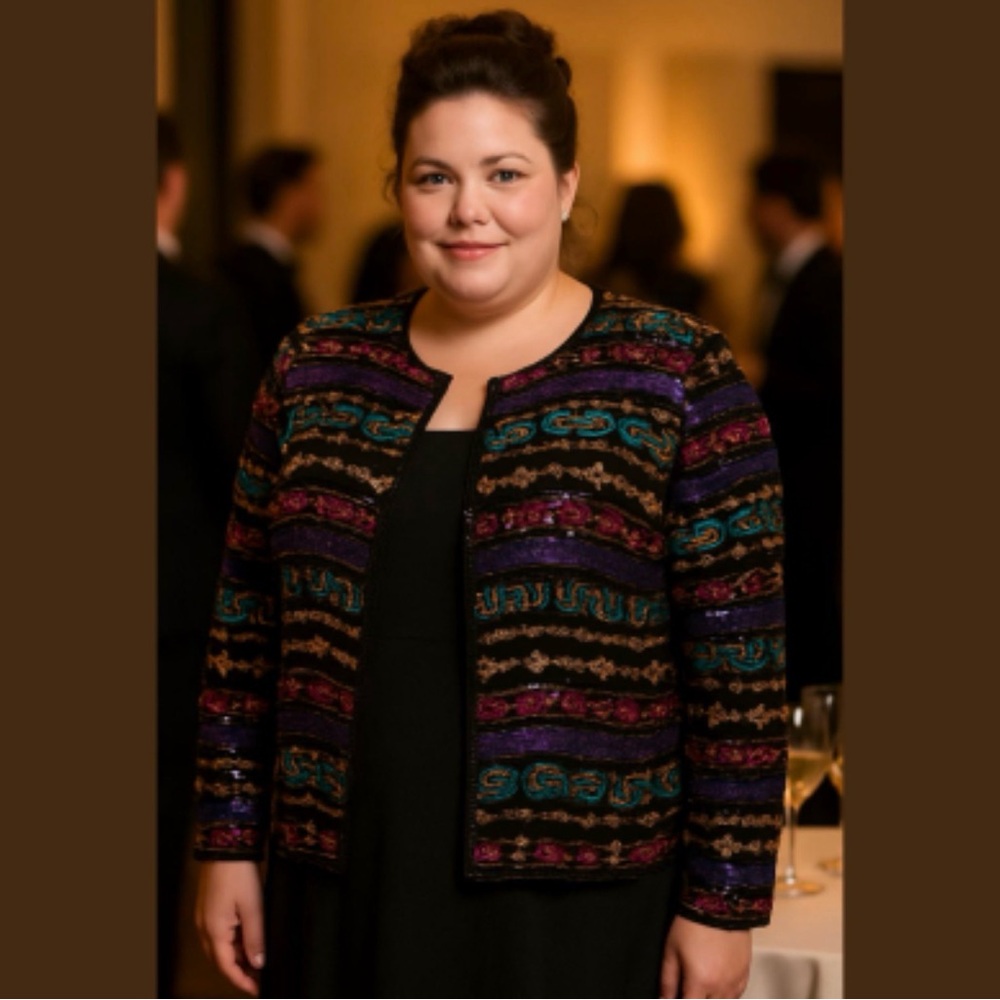VTG NINA PICCALINO PLUS SILK BLACK MULTICOLOR SEQUINED & BEADED JACKET SZ 3X - Picture 3 of 10